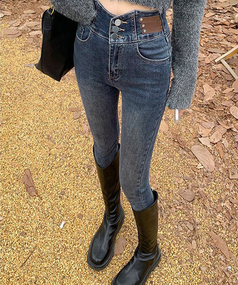 ベルトデザイン スキニーデニムパンツ美脚 ハイウエストデニムパンツ 3ボタンジーンズ レディース ストレッチジーパン ヴィンテージ カジュアル美脚脚長ボトムスリム 86LYSHANG-001