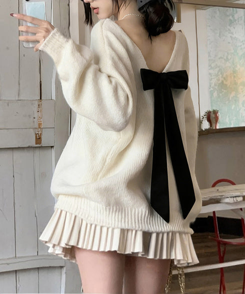 バックオープンリボンニットトップス韓国風 ビッグリボンタイニットプルオーバー 大人可愛いニットトップス リボン付きセーター おしゃれ春服 ゆったり甘めニット肌見せ 86LZGAO-001