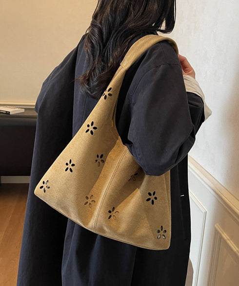 花柄カットスエード調トートバッグポーチ付 レディース フラワーカット手提げかばん おしゃれ肩掛けカバン レトロ スエードライクハンドバッグ 大人可愛い秋冬バッグ黒 86MXF-002