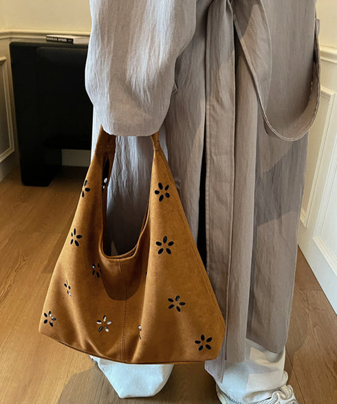 花柄カットスエード調トートバッグポーチ付 レディース フラワーカット手提げかばん おしゃれ肩掛けカバン レトロ スエードライクハンドバッグ 大人可愛い秋冬バッグ黒 86MXF-002