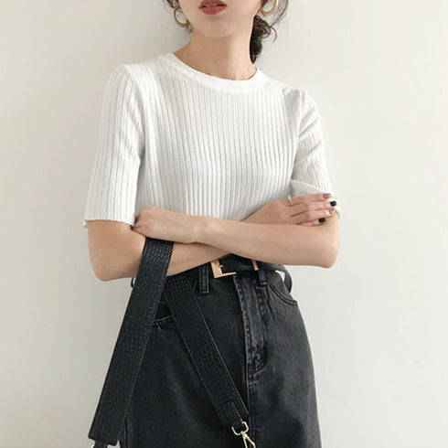 5分袖リブニット夏服トップス レディース 韓国風 冷感タッチ サマーニット Vネック ボートネック クルーネック夏トップス 無地 着やせ きれいめ 大人カットソー 86QIAOYI-001