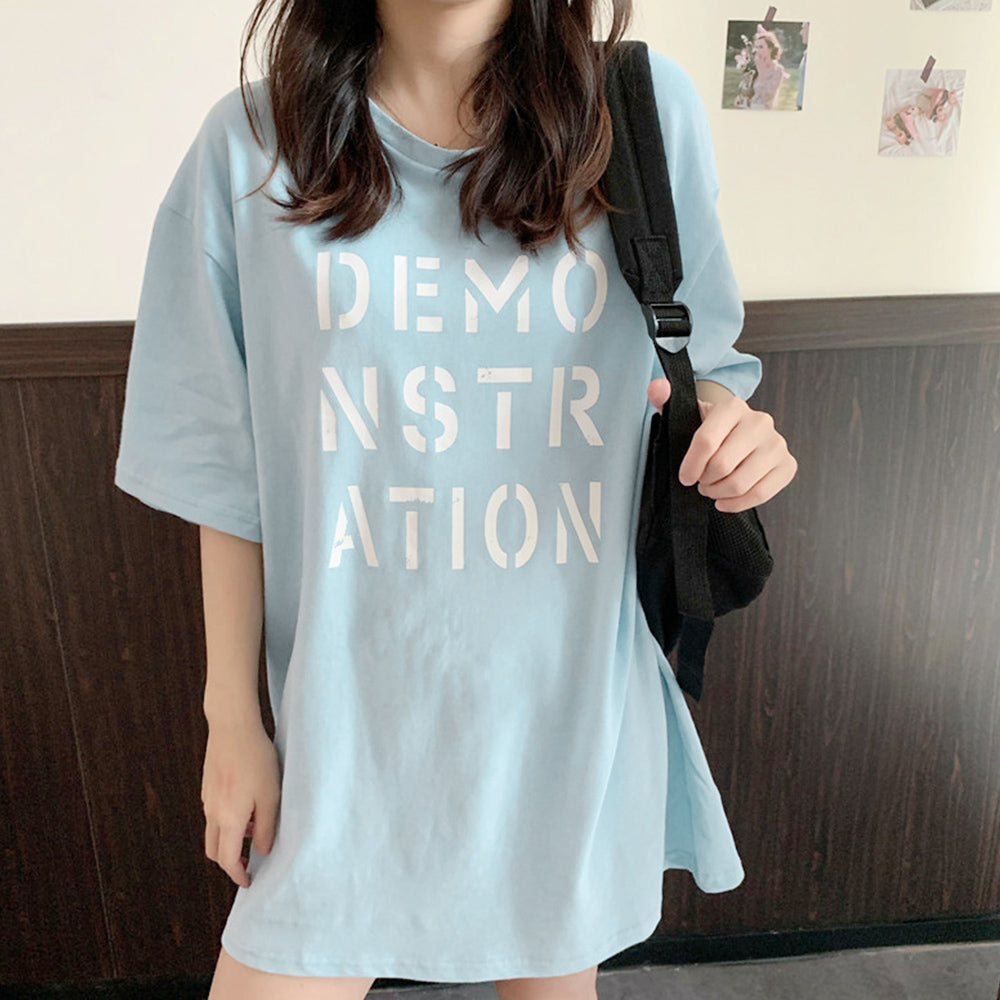 ロング ロゴtシャツ レディース 半袖 薄ブルー