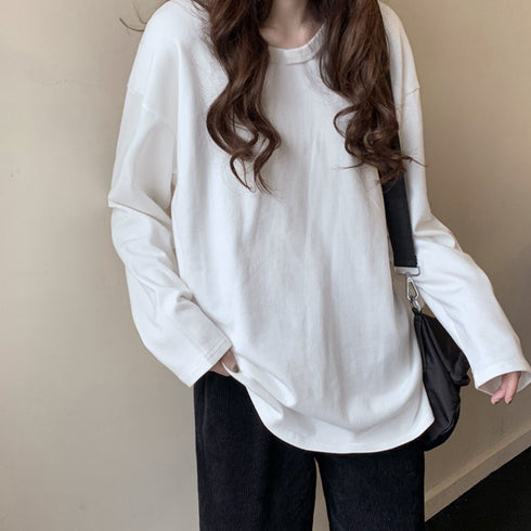 ゆったり 着やせ 長袖プルオーバー 無地 ルーズTシャツ レディース カジュアルトップス 韓国ファッション おしゃれカットソー 重ね着 ロンティー ラウンドネック 86SHIZM-002
