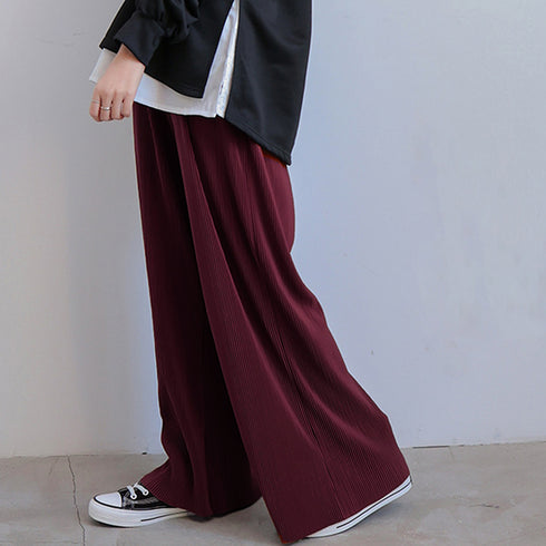 アコーディオンプリーツルーズワイドパンツ プリーツパンツ レディース カラーパンツ セルフカット大人カジュアル バギーパンツ リラックス フレアパンツ 全12色 86SSJL-001