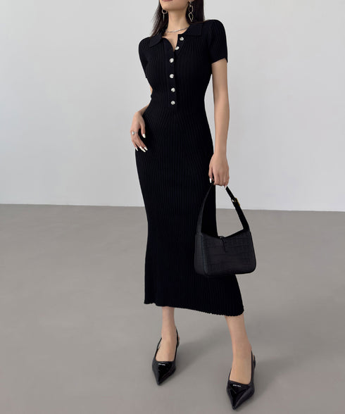 ポロニットワンピース 半袖 ロングワンピ レディース フロントボタンリブワンピース タイトめシルエット サマードレス 大人可愛い Vネックボディコンワンピ春夏秋冬 86SSJL-021