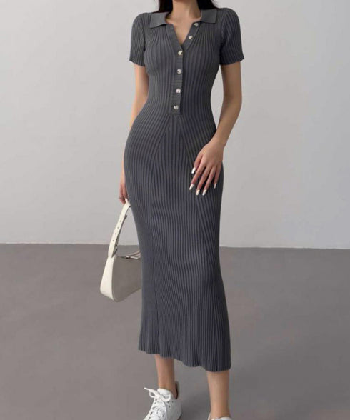 ポロニットワンピース 半袖 ロングワンピ レディース フロントボタンリブワンピース タイトめシルエット サマードレス 大人可愛い Vネックボディコンワンピ春夏秋冬 86SSJL-021