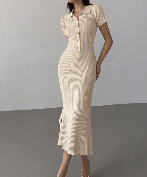 ポロニットワンピース 半袖 ロングワンピ レディース フロントボタンリブワンピース タイトめシルエット サマードレス 大人可愛い Vネックボディコンワンピ春夏秋冬 86SSJL-021