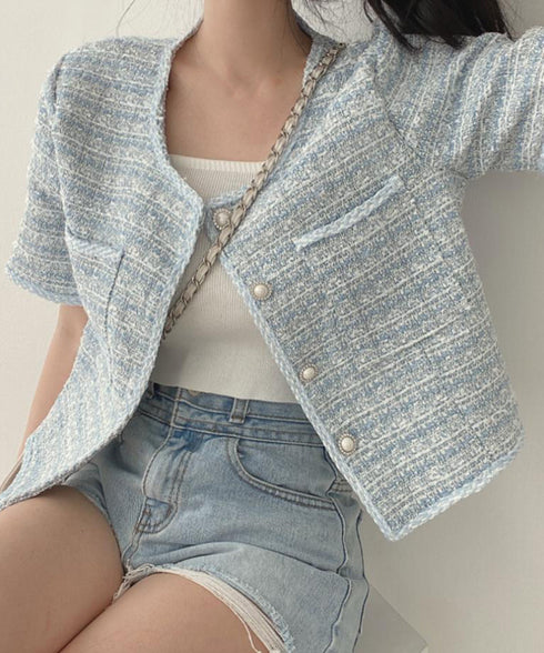 ツイード風ジャケットノーカラージャケット レディース パールボタン オフィス夏服 ショート丈アウター フォーマル カーディガン きれいめ羽織り サマージャケット夏 86SSJL-022
