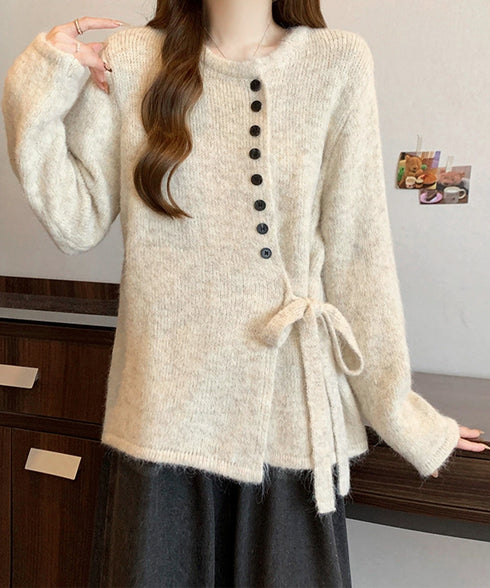 サイドリボンニットトップスボタンデザイン 長袖ニットセーター レディース 韓国風 大人可愛いニットカーディガン ベーシック 大人カジュアル 着やせ秋冬服 おしゃれ 86SXH-002