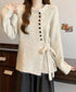 サイドリボンニットトップスボタンデザイン 長袖ニットセーター レディース 韓国風 大人可愛いニットカーディガン ベーシック 大人カジュアル 着やせ秋冬服 おしゃれ 86SXH-002