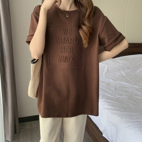 立体ロゴtシャツ 韓国チュニックロンT プルオーバー 着やせ ビッグtシャツ ゆったり おしゃれ カットソー 半袖 トップス 大人カジュアル Tシャツ 86XANYT-012