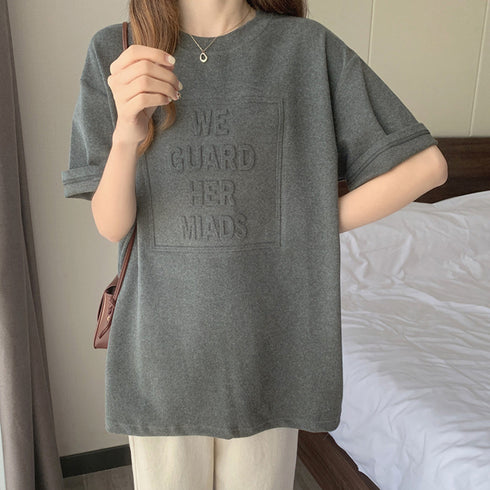 立体ロゴtシャツ 韓国チュニックロンT プルオーバー 着やせ ビッグtシャツ ゆったり おしゃれ カットソー 半袖 トップス 大人カジュアル Tシャツ 86XANYT-012