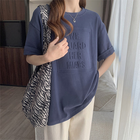 立体ロゴtシャツ 韓国チュニックロンT プルオーバー 着やせ ビッグtシャツ ゆったり おしゃれ カットソー 半袖 トップス 大人カジュアル Tシャツ 86XANYT-012