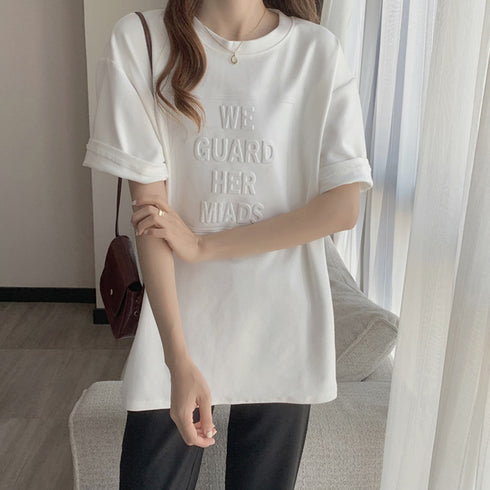 立体ロゴtシャツ 韓国チュニックロンT プルオーバー 着やせ ビッグtシャツ ゆったり おしゃれ カットソー 半袖 トップス 大人カジュアル Tシャツ 86XANYT-012