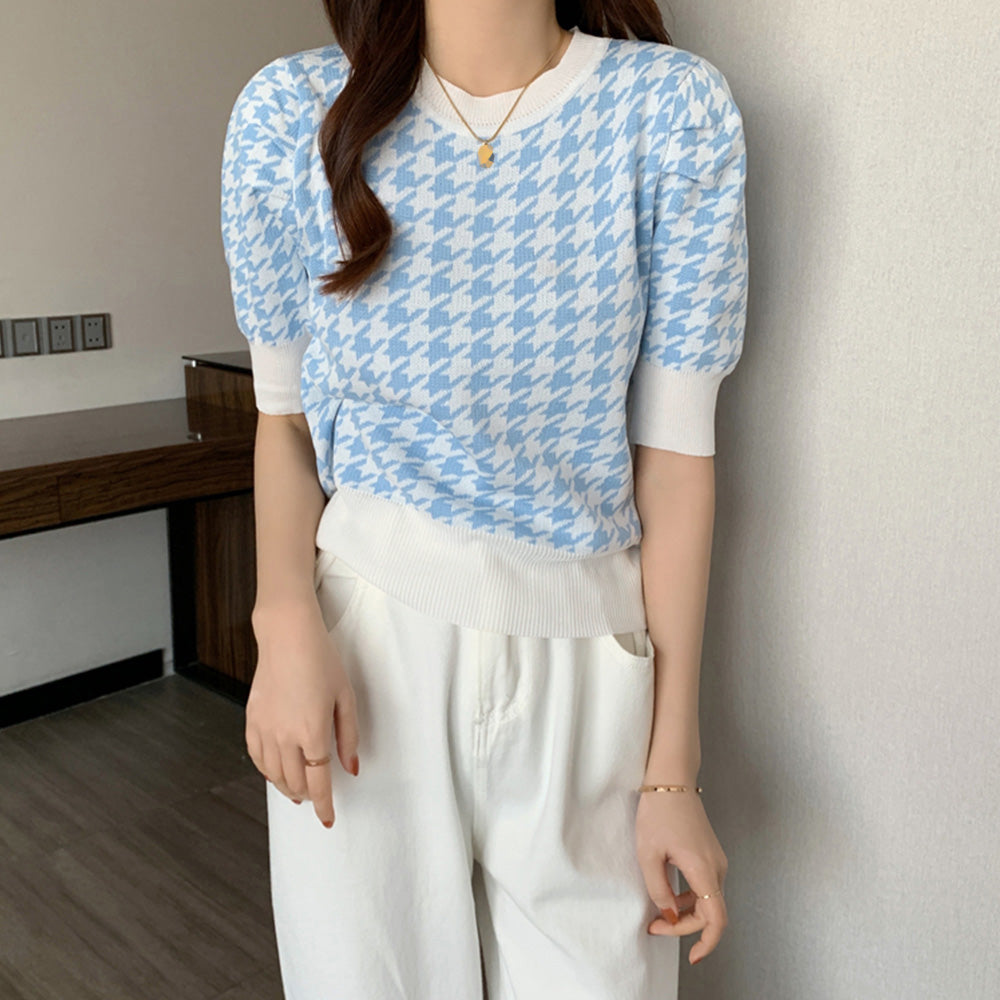 チドリ柄サマーニット レディース夏服半袖 ブルー