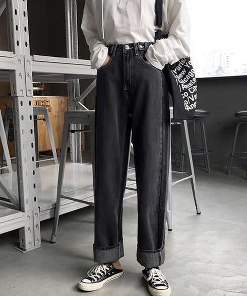 ハイウエストデニムパンツ ウエストボタン 定番デニム ストレートパンツ ウエスト調節可 セミワイドデニム 着やせパンツ 美脚脚長ボトムス 韓国風ジーパン 春夏秋冬 86XANYT-077