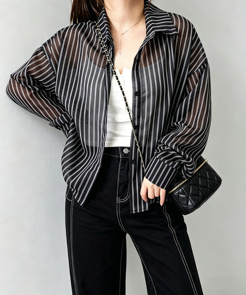 ストライプ柄シアーシャツ 大人カジュアル レディース UV対策冷房対策長袖シャツ透け感 夏服ブラウス 体型カバー 着やせカーディガン シースルー羽織り春夏こなれ感 86XXXIN-001