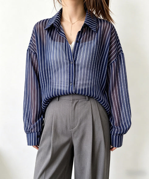 ストライプ柄シアーシャツ 大人カジュアル レディース UV対策冷房対策長袖シャツ透け感 夏服ブラウス 体型カバー 着やせカーディガン シースルー羽織り春夏こなれ感 86XXXIN-001