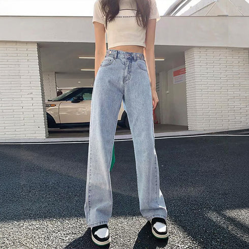 ストレートデニムパンツ レディース 美脚 ハイウエスト セミワイドデニムパンツ 脚長見せ ロングパンツ ゆったり 着やせ ボトムス 韓国風 オルチャン定番デニム 86YIFANGE-009