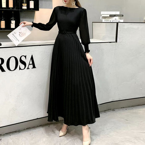 プリーツ ワンピース ウエストマーク上品 レディース きれいめ ロングワンピース 袖フリル 長袖 フレアワンピース フェミニン大人かわいい マキシワンピ 春夏 86YIXI-001