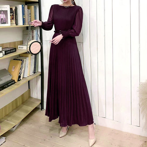 プリーツ ワンピース ウエストマーク上品 レディース きれいめ ロングワンピース 袖フリル 長袖 フレアワンピース フェミニン大人かわいい マキシワンピ 春夏 86YIXI-001