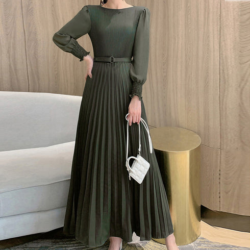 プリーツ ワンピース ウエストマーク上品 レディース きれいめ ロングワンピース 袖フリル 長袖 フレアワンピース フェミニン大人かわいい マキシワンピ 春夏 86YIXI-001