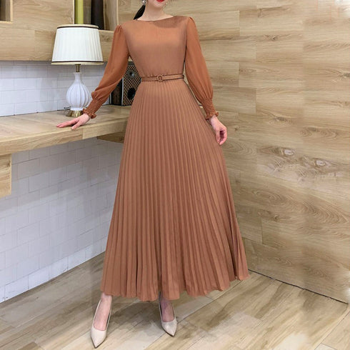 プリーツ ワンピース ウエストマーク上品 レディース きれいめ ロングワンピース 袖フリル 長袖 フレアワンピース フェミニン大人かわいい マキシワンピ 春夏 86YIXI-001