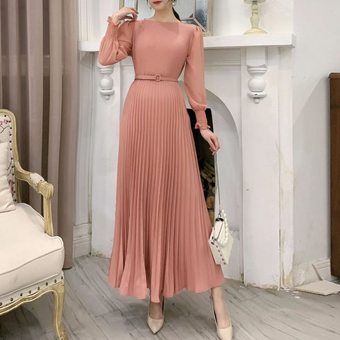 プリーツ ワンピース ウエストマーク上品 レディース きれいめ ロングワンピース 袖フリル 長袖 フレアワンピース フェミニン大人かわいい マキシワンピ 春夏 86YIXI-001