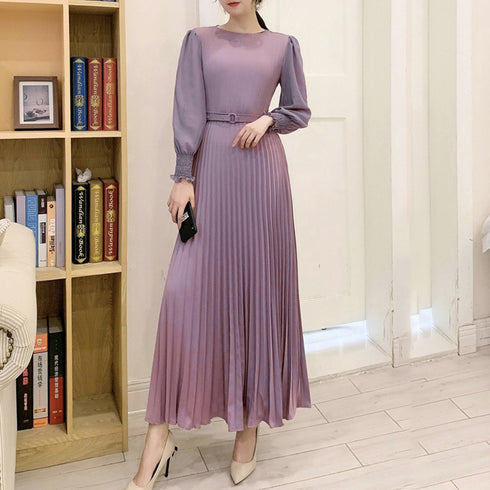 プリーツ ワンピース ウエストマーク上品 レディース きれいめ ロングワンピース 袖フリル 長袖 フレアワンピース フェミニン大人かわいい マキシワンピ 春夏 86YIXI-001