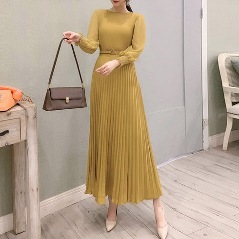 プリーツ ワンピース ウエストマーク上品 レディース きれいめ ロングワンピース 袖フリル 長袖 フレアワンピース フェミニン大人かわいい マキシワンピ 春夏 86YIXI-001