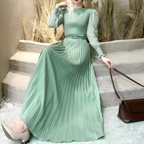 プリーツ ワンピース ウエストマーク上品 レディース きれいめ ロングワンピース 袖フリル 長袖 フレアワンピース フェミニン大人かわいい マキシワンピ 春夏 86YIXI-001