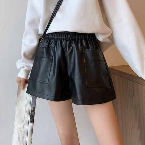 レザー ショートパンツ レディース レザー ショートパンツ レディース ウエストゴム フェイクレザー ワイドショーパン 春秋冬 ミニ キュロットパンツ 86ZMR-002