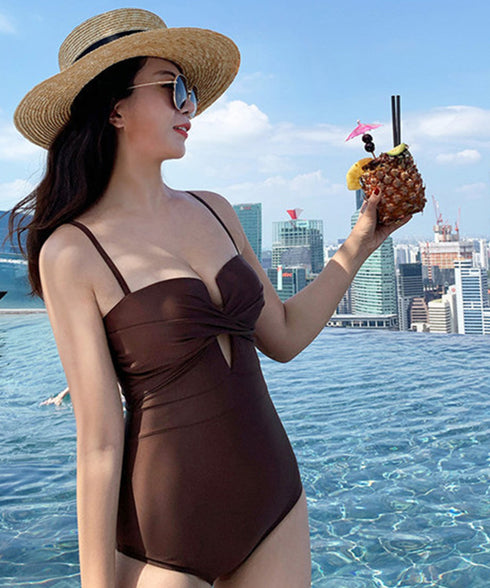 ワンピース水着 モノキニ オールインワン 胸元ツイスト レオタード水着 セクシーモノキニ 大人っぽい 盛れる水着 無地 露出控えめ水着 体型カバー ビーチウェア 86AIWANYI-001