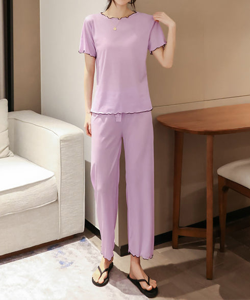 パジャマセット レディースルームウェア夏 メロウフリル半袖トップス 薄手長ズボン 寝間着セット 大人可愛い 部屋着 無地涼し気 リボンナイトウェア 快適夏パジャマ 86AWLS-001