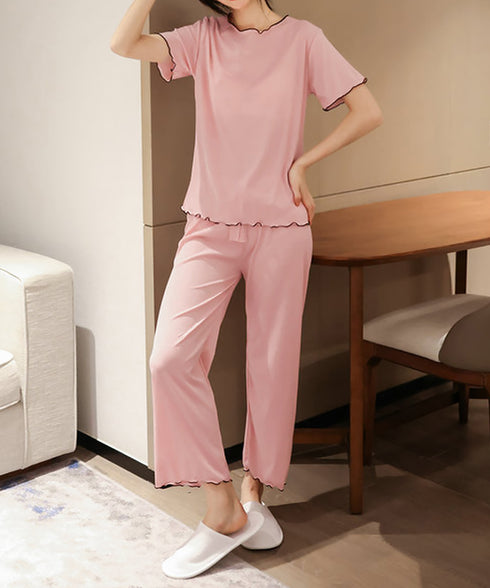 パジャマセット レディースルームウェア夏 メロウフリル半袖トップス 薄手長ズボン 寝間着セット 大人可愛い 部屋着 無地涼し気 リボンナイトウェア 快適夏パジャマ 86AWLS-001