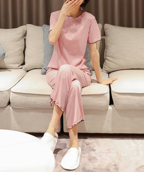 パジャマセット レディースルームウェア夏 メロウフリル半袖トップス 薄手長ズボン 寝間着セット 大人可愛い 部屋着 無地涼し気 リボンナイトウェア 快適夏パジャマ 86AWLS-001