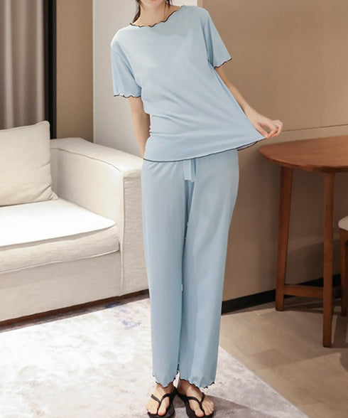 パジャマセット レディースルームウェア夏 メロウフリル半袖トップス 薄手長ズボン 寝間着セット 大人可愛い 部屋着 無地涼し気 リボンナイトウェア 快適夏パジャマ 86AWLS-001