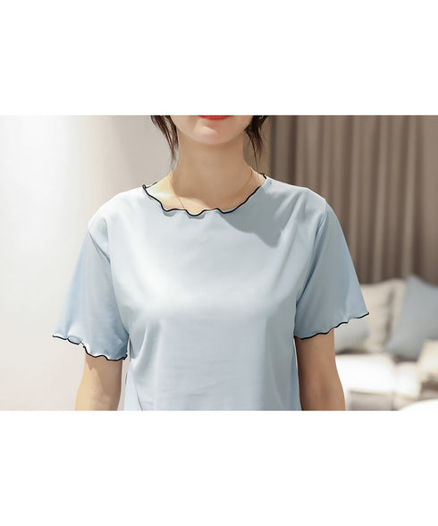 パジャマセット レディースルームウェア夏 メロウフリル半袖トップス 薄手長ズボン 寝間着セット 大人可愛い 部屋着 無地涼し気 リボンナイトウェア 快適夏パジャマ 86AWLS-001