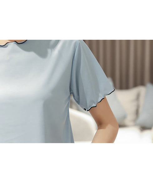 パジャマセット レディースルームウェア夏 メロウフリル半袖トップス 薄手長ズボン 寝間着セット 大人可愛い 部屋着 無地涼し気 リボンナイトウェア 快適夏パジャマ 86AWLS-001