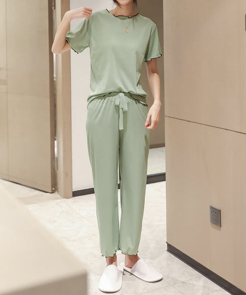 パジャマセット レディースルームウェア夏 メロウフリル半袖トップス 薄手長ズボン 寝間着セット 大人可愛い 部屋着 無地涼し気 リボンナイトウェア 快適夏パジャマ 86AWLS-001