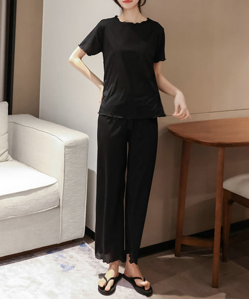 パジャマセット レディースルームウェア夏 メロウフリル半袖トップス 薄手長ズボン 寝間着セット 大人可愛い 部屋着 無地涼し気 リボンナイトウェア 快適夏パジャマ 86AWLS-001