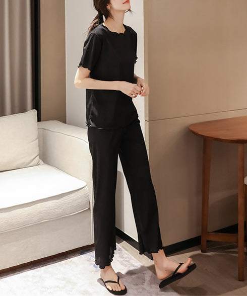 パジャマセット レディースルームウェア夏 メロウフリル半袖トップス 薄手長ズボン 寝間着セット 大人可愛い 部屋着 無地涼し気 リボンナイトウェア 快適夏パジャマ 86AWLS-001