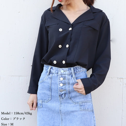シャツブラウス レディース Vネック シャツブラウス レディース Vネック シャツ ダブルブレスト トップス 長袖 ワイシャツ 無地 スキッパーシャツ 着やせ 86AYDD-002