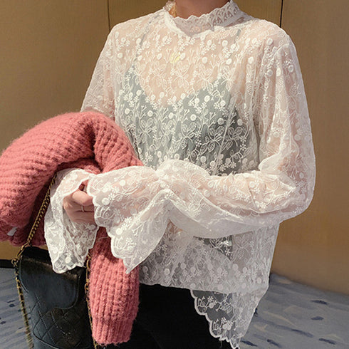 花柄刺しゅうレースブラウス長袖レディース 総レースプチハイネックブラウス シアートップスシースルー オシャレ セクシープルオーバー 韓国風 フェミニン重ね着シャツ 86AYDD-003