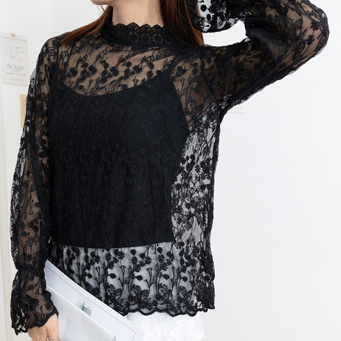 花柄刺しゅうレースブラウス長袖レディース 総レースプチハイネックブラウス シアートップスシースルー オシャレ セクシープルオーバー 韓国風 フェミニン重ね着シャツ 86AYDD-003