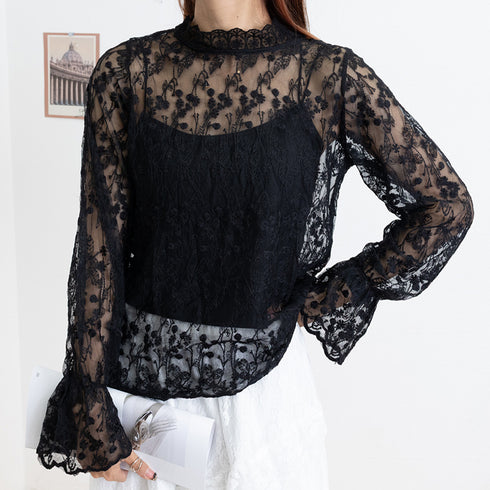 花柄刺しゅうレースブラウス長袖レディース 総レースプチハイネックブラウス シアートップスシースルー オシャレ セクシープルオーバー 韓国風 フェミニン重ね着シャツ 86AYDD-003