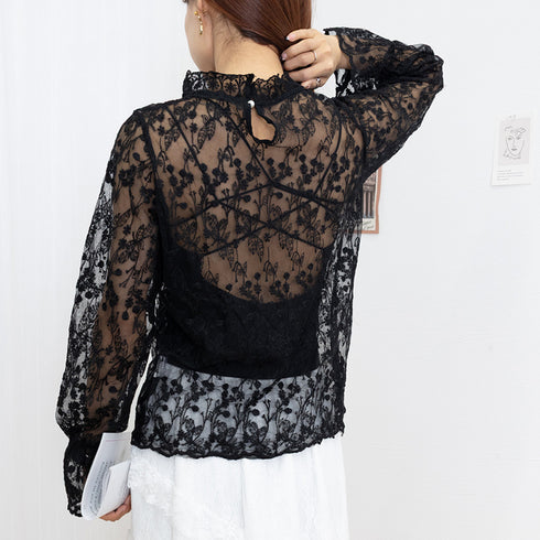 花柄刺しゅうレースブラウス長袖レディース 総レースプチハイネックブラウス シアートップスシースルー オシャレ セクシープルオーバー 韓国風 フェミニン重ね着シャツ 86AYDD-003
