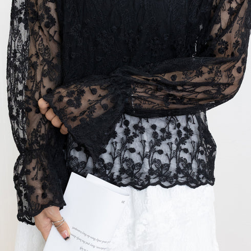 花柄刺しゅうレースブラウス長袖レディース 総レースプチハイネックブラウス シアートップスシースルー オシャレ セクシープルオーバー 韓国風 フェミニン重ね着シャツ 86AYDD-003