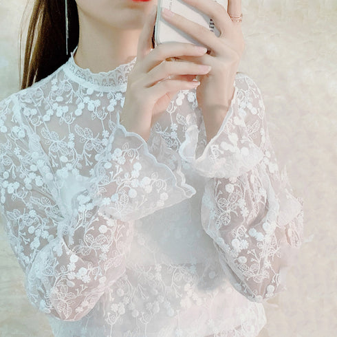 花柄刺しゅうレースブラウス長袖レディース 総レースプチハイネックブラウス シアートップスシースルー オシャレ セクシープルオーバー 韓国風 フェミニン重ね着シャツ 86AYDD-003