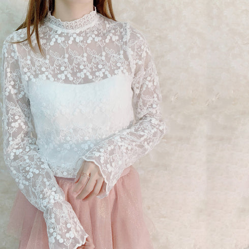 花柄刺しゅうレースブラウス長袖レディース 総レースプチハイネックブラウス シアートップスシースルー オシャレ セクシープルオーバー 韓国風 フェミニン重ね着シャツ 86AYDD-003
